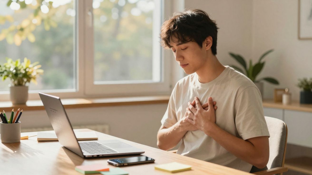 Homem sentado numa secretária com laptop, mãos no peito, parecendo sentir falta de ar ou desconforto.