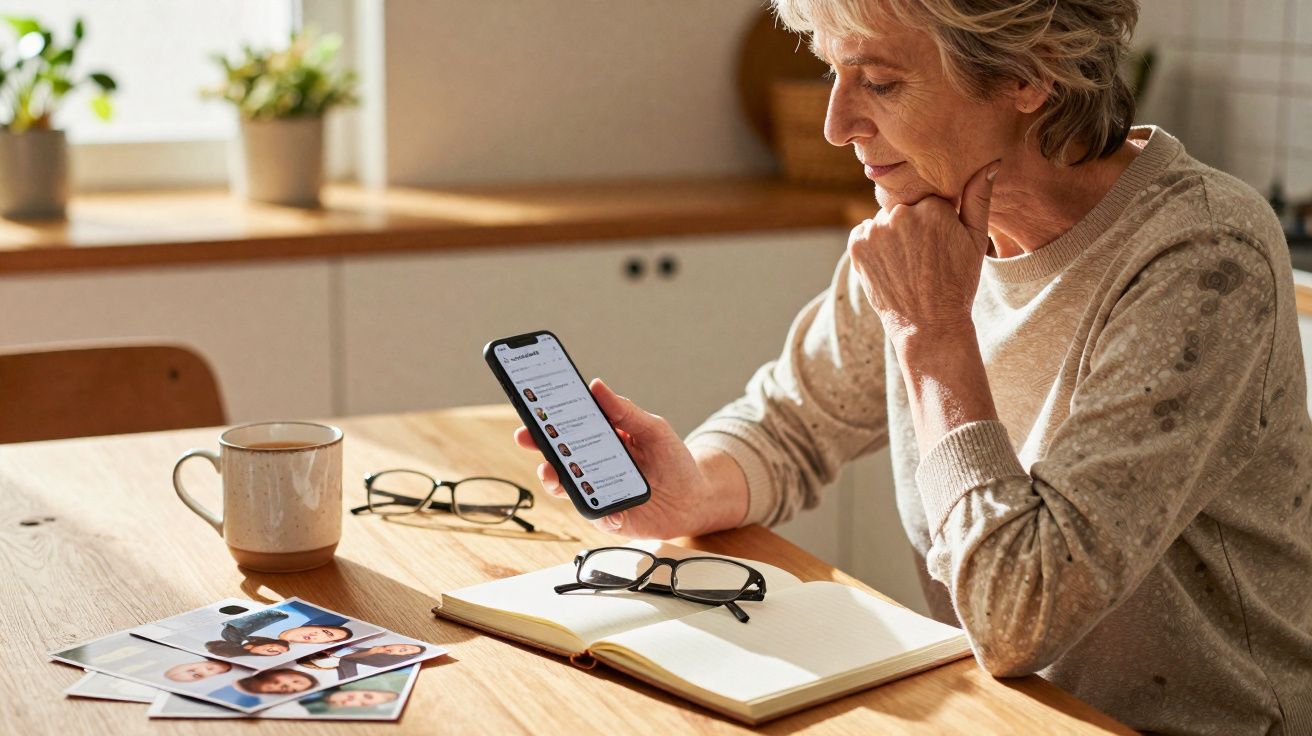 Mulher idosa sentada à mesa, a olhar para o telemóvel, com caderneta aberta, óculos e fotografias à sua frente.