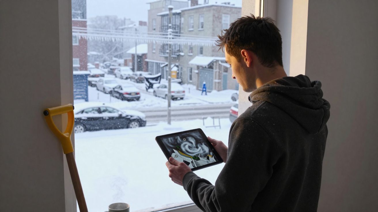 Homem com tablet na mão a observar a neve na rua, com pá de neve encostada na parede.