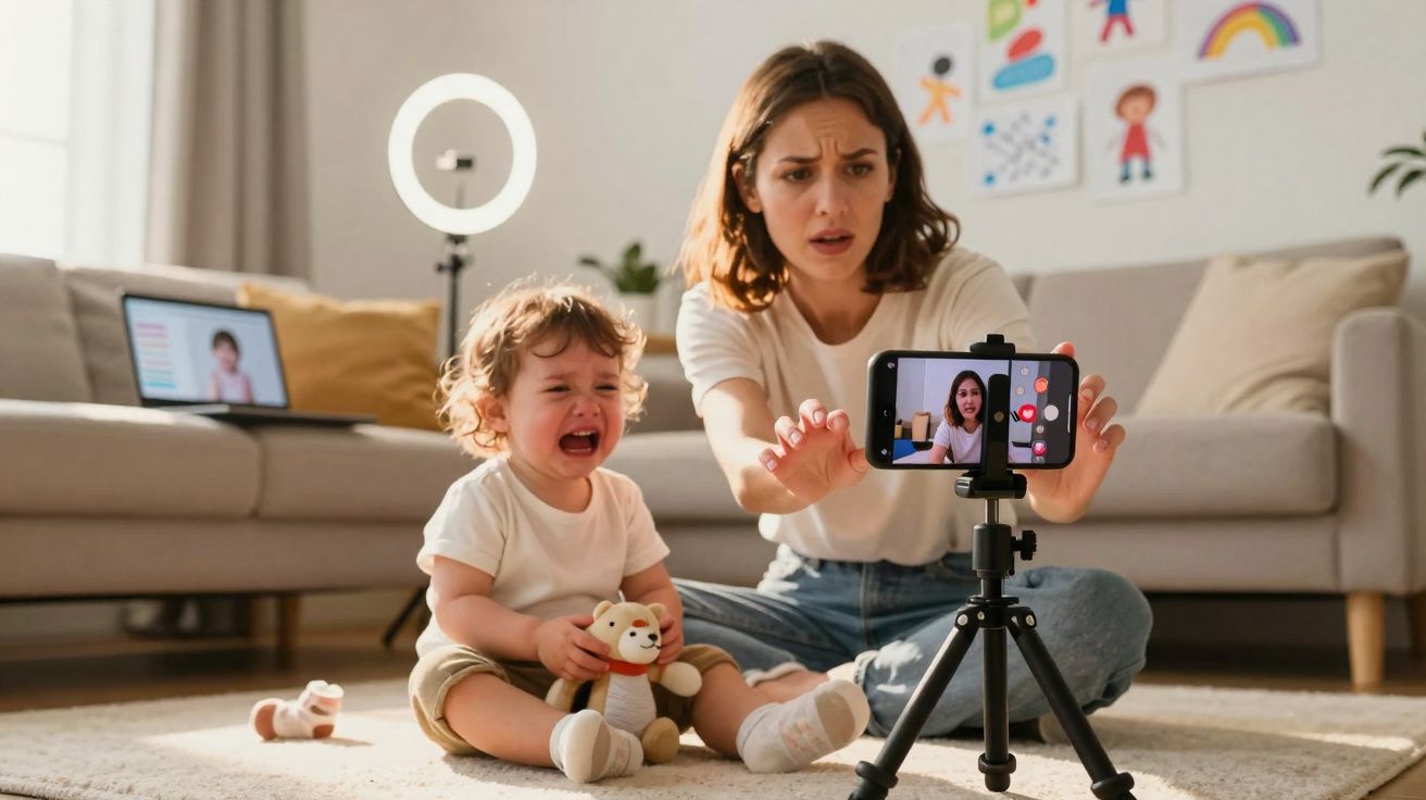 Mãe tenta gravar vídeo no telemóvel enquanto bebé chora sentado no chão com um brinquedo na sala.