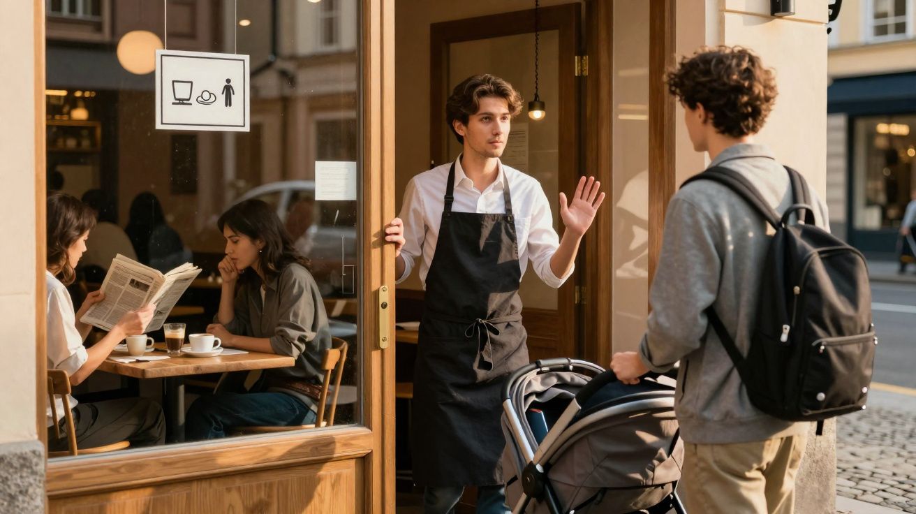Empregado na entrada de café a impedir a entrada a homem com carrinho de bebé, enquanto duas mulheres leem dentro.