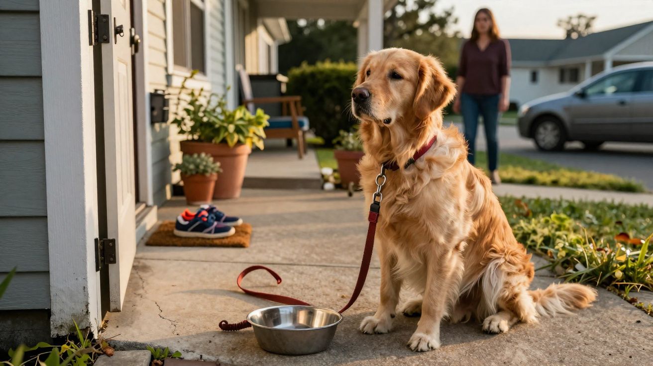 Cão Labrador dourado sentado à porta de casa com trela e prato metálico, pessoa desfocada ao fundo.