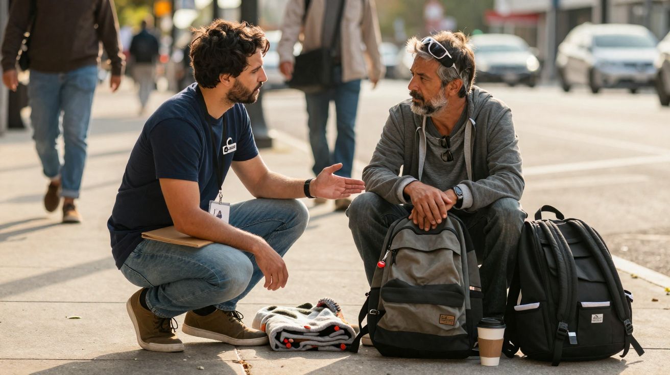 Homem jovem agachado a conversar com homem mais velho sentado na calçada com mochilas e café.