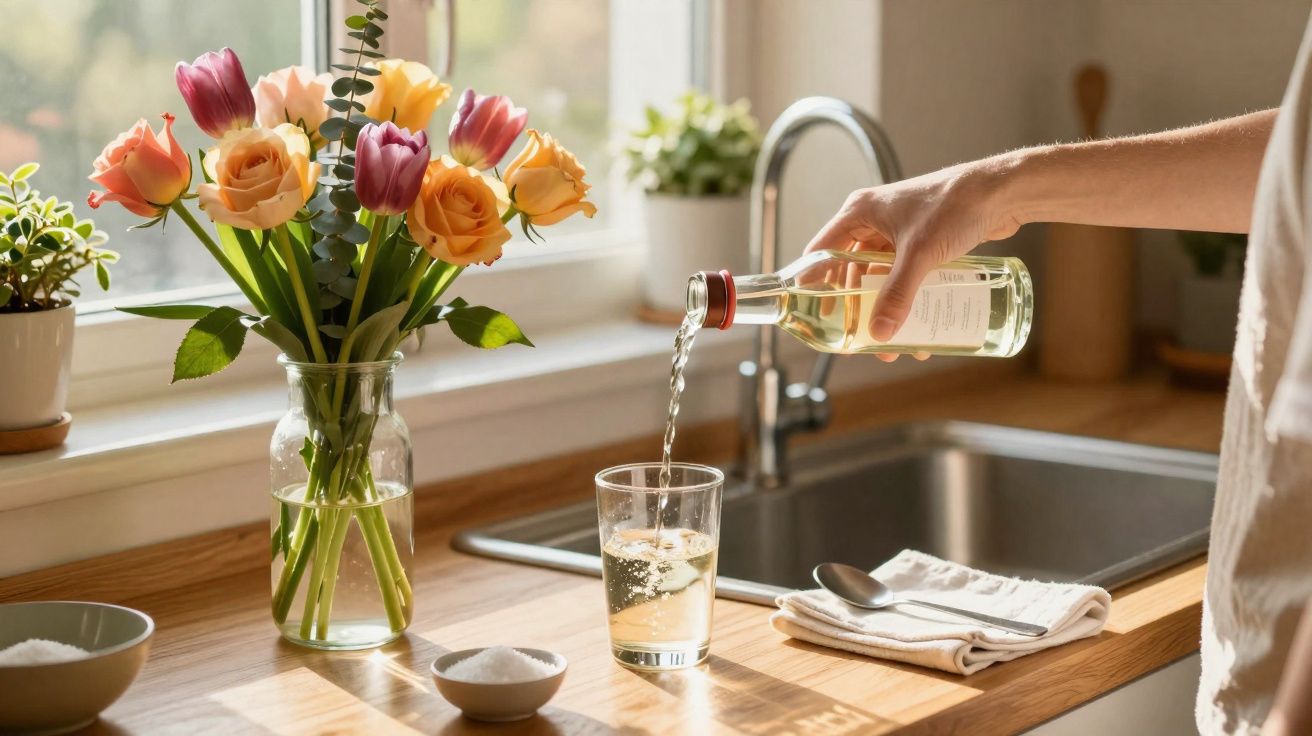 Pessoa a servir bebida num copo, numa cozinha iluminada com flores num vaso e plantas na janela.