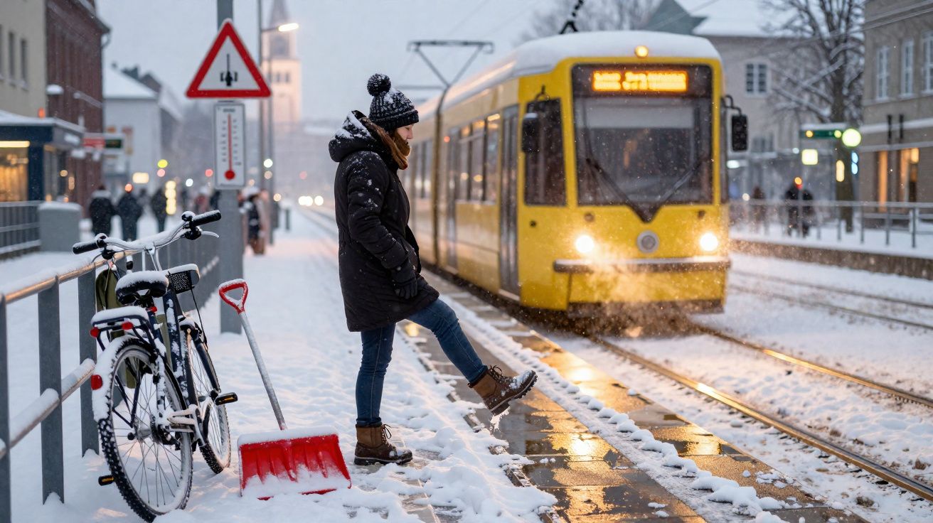 Pessoa com roupa de inverno numa estação de elétrico coberta de neve com um elétrico amarelo a chegar.