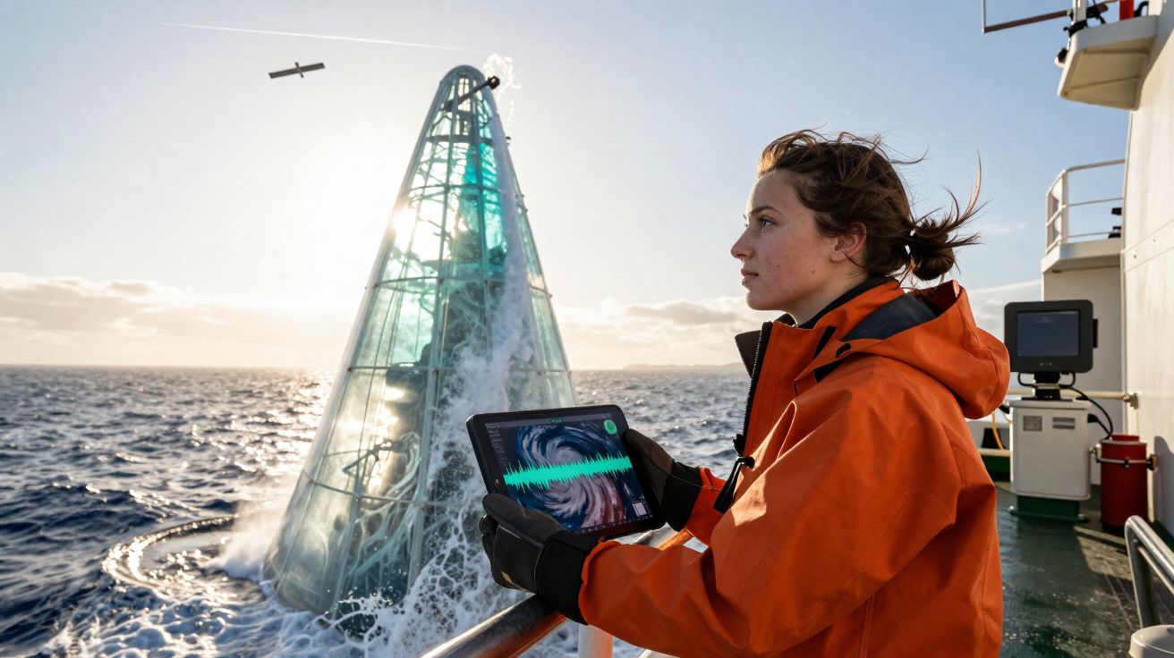 Mulher com casaco laranja a operar tablet num barco perto de equipamento científico no mar agitado.