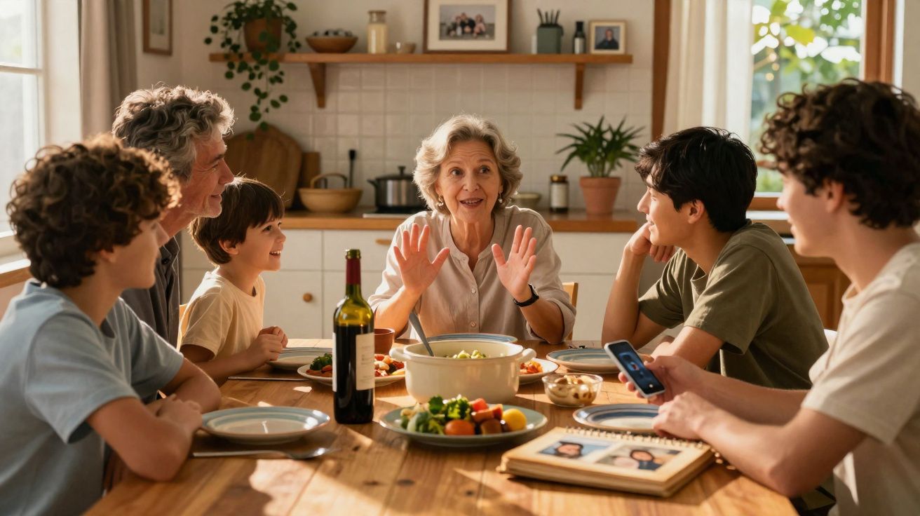 Família multigeracional alegre sentada à mesa na cozinha, partilhando uma refeição e conversa animada.