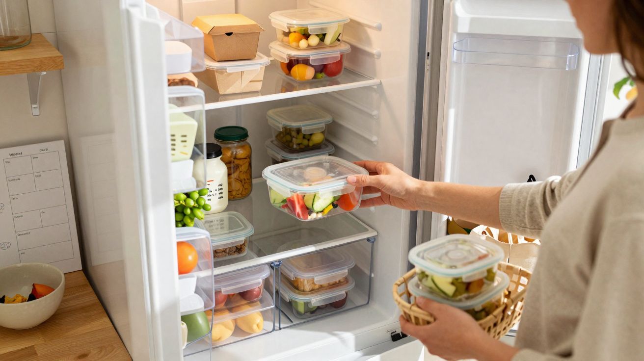 Pessoa a guardar recipientes com salada e fruta no frigorífico organizado numa cozinha.