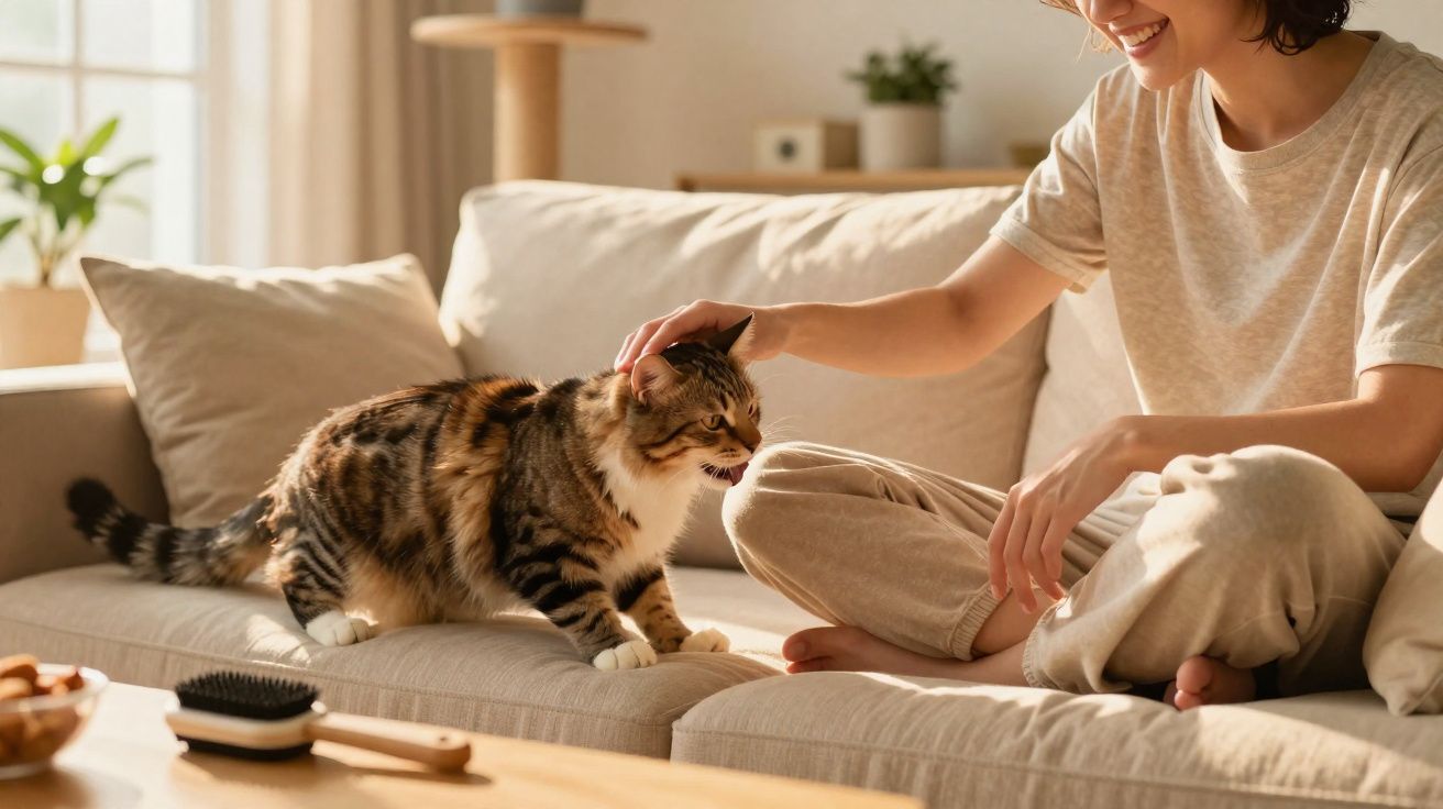 Pessoa sentada num sofá a fazer carinho num gato tricolor também no sofá, em ambiente acolhedor.