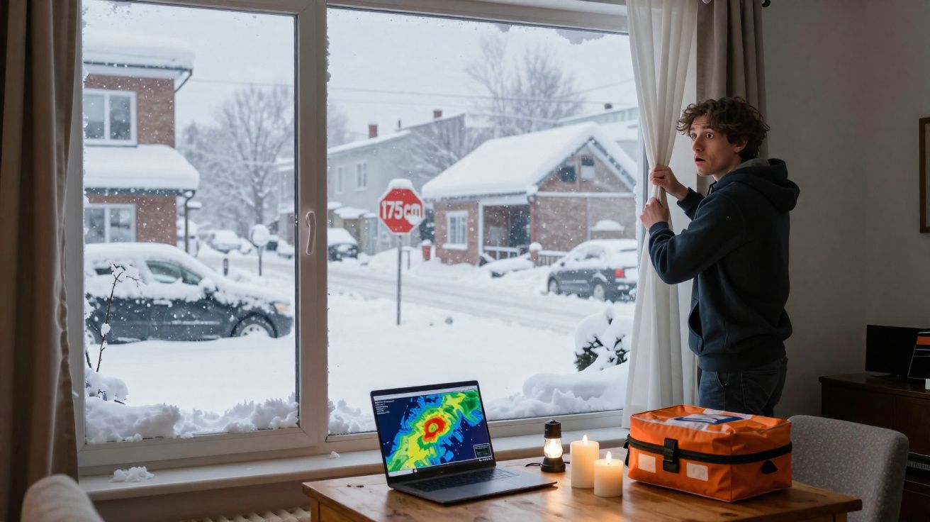 Homem observa pela janela a forte tempestade de neve, com laptop e kit de emergência numa mesa interior.