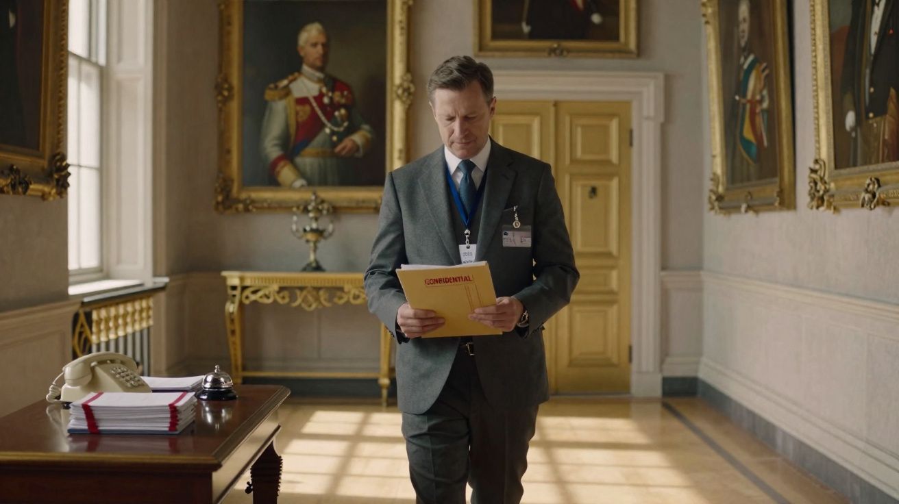 Homem de fato e gravata a ler documento confidencial num corredor elegante com pinturas e móveis antigos.