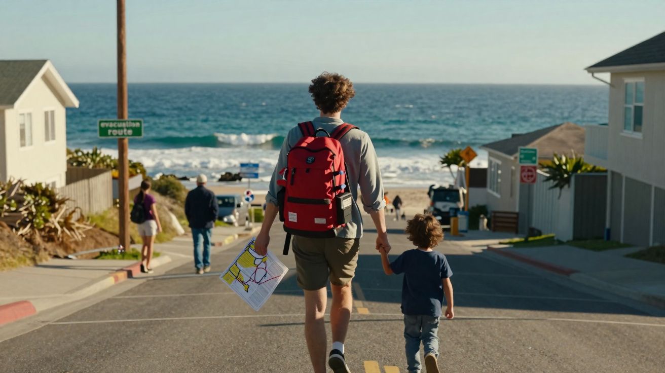 Homem com mochila e menino de mãos dadas a caminhar em direção à praia numa rua junto ao mar.
