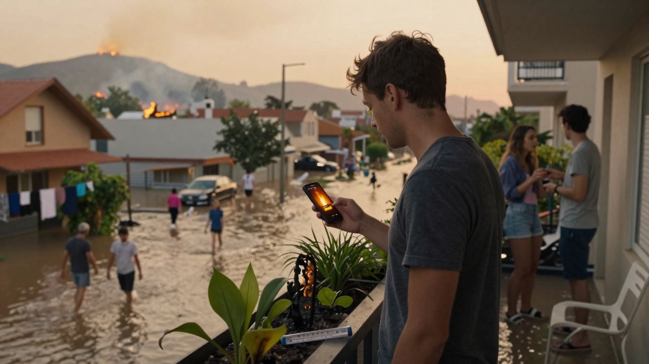 Jovem observa o telemóvel numa varanda, enquanto pessoas caminham numa rua inundada e incêndio arde na montanha.