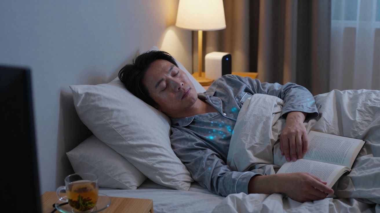 Homem asiático a dormir na cama com livro aberto e chá numa mesa de cabeceira ao lado.