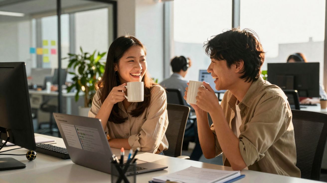 Dois colegas de trabalho sorridentes a beber café e conversar num escritório moderno e luminoso.