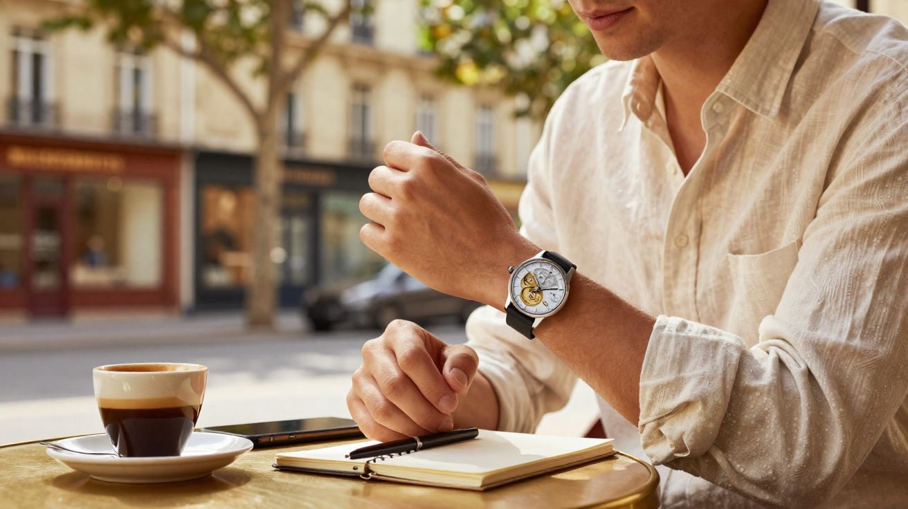 Pessoa a vestir camisa clara com relógio no pulso, sentada numa esplanada com café, caderno e telemóvel à frente.
