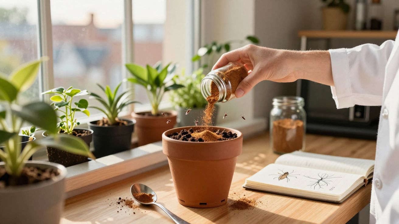Mão a deitar pó em vaso com terra para plantas, próximo de ilustração de insetos em caderno aberto.
