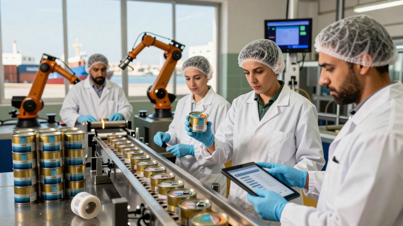 Trabalhadores em vestuário sanitário inspecionam latas numa linha de produção automatizada numa fábrica.