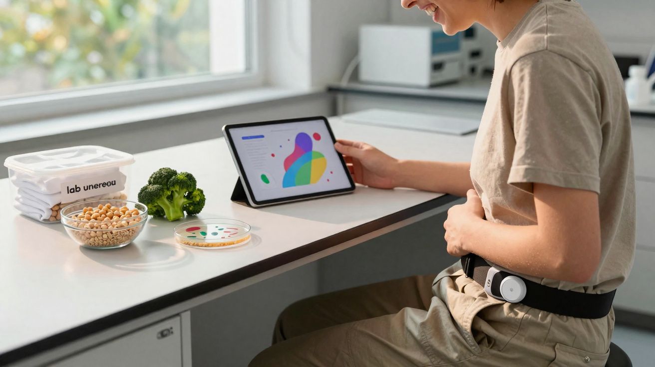 Pessoa a usar dispositivo no cinto enquanto consulta tablet sobre alimentos numa bancada de laboratório.