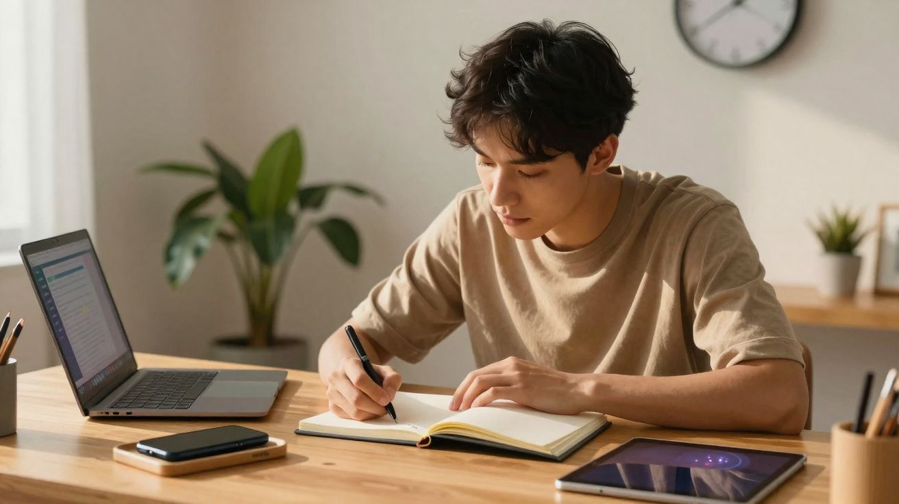 Jovem a estudar e a fazer anotações num caderno, com computador portátil, tablet e telemóvel numa secretária organizada.