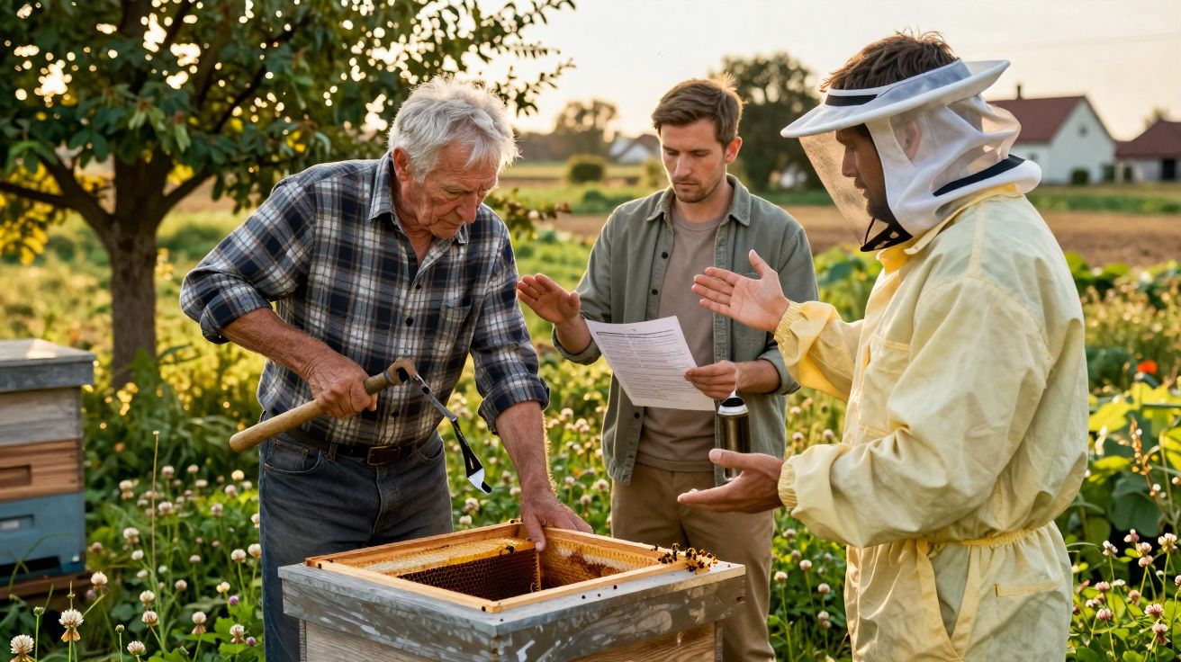 Três apicultores em campo, um com fato de proteção, trabalhando numa colmeia ao entardecer.