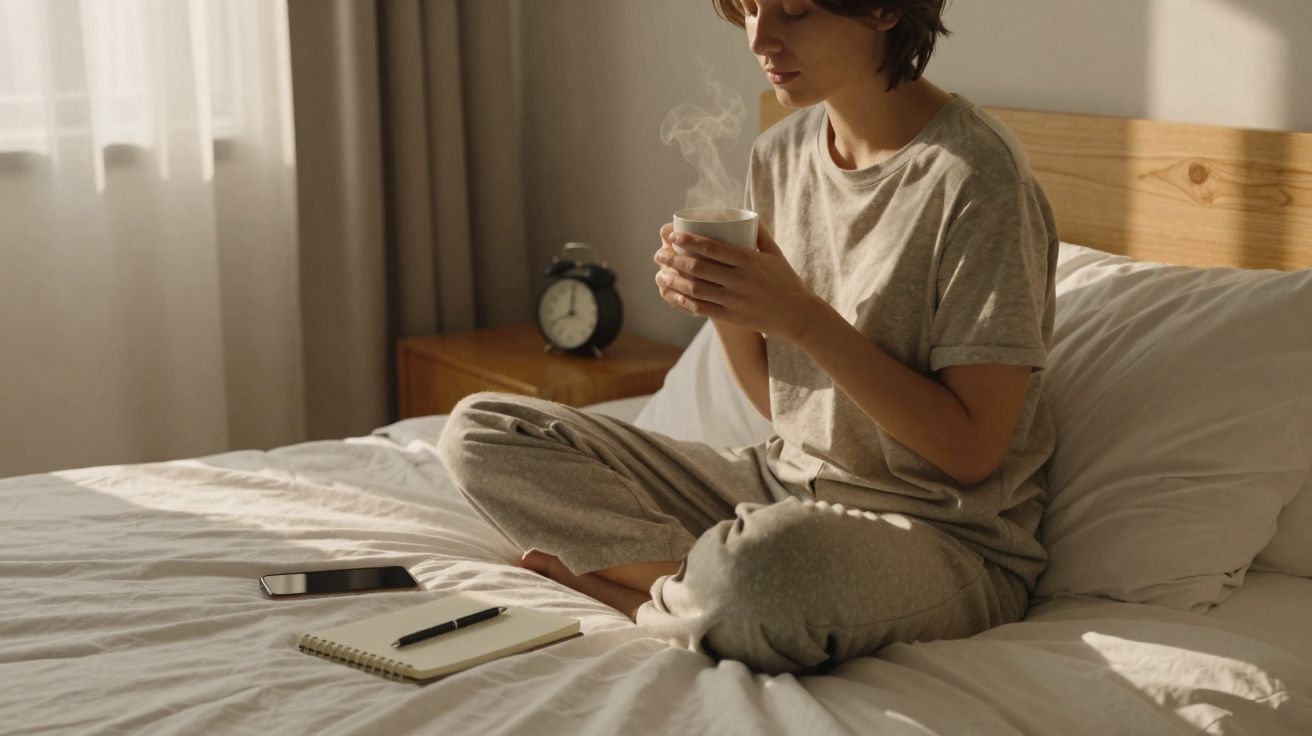 Pessoa sentada na cama com pijama cinzento, segurando chá quente numa caneca branca.
