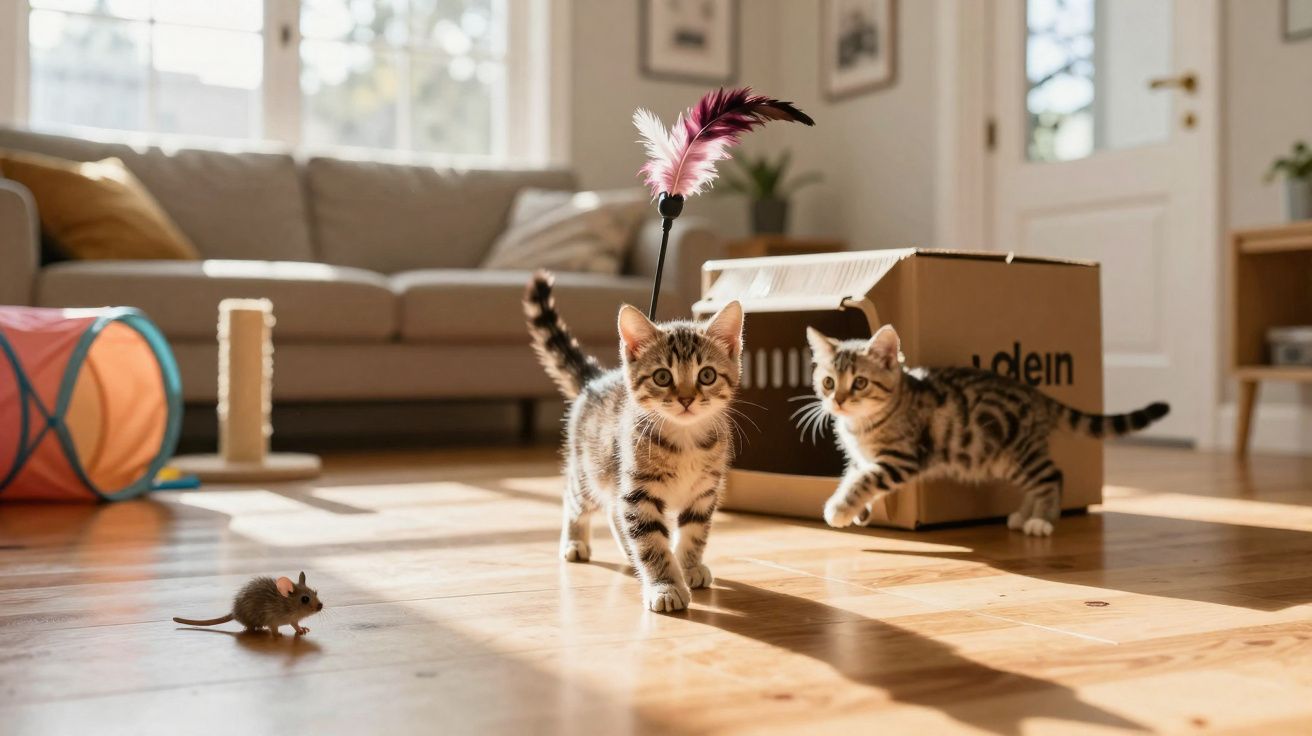 Dois gatinhos brincam numa sala luminosa com brinquedos e um rato artificial no chão.