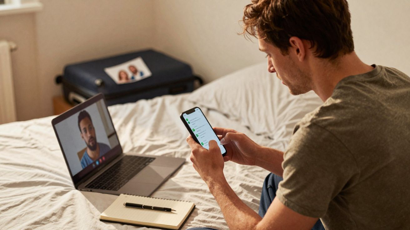 Homem atento a mensagens no telemóvel enquanto participa em videochamada no computador portátil na cama.