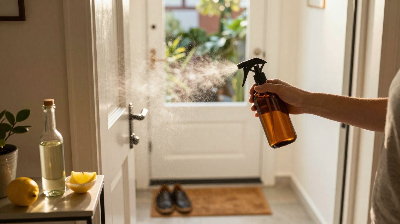 Pessoa a borrifar água numa porta branca numa divisão iluminada com plantas e limões à esquerda.