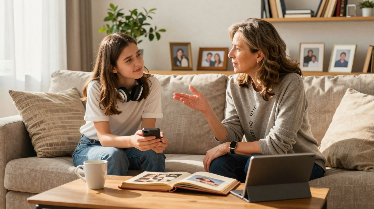 Mulher e rapariga sentadas no sofá a conversar, com álbum de fotos e tablet na mesa de madeira à frente.