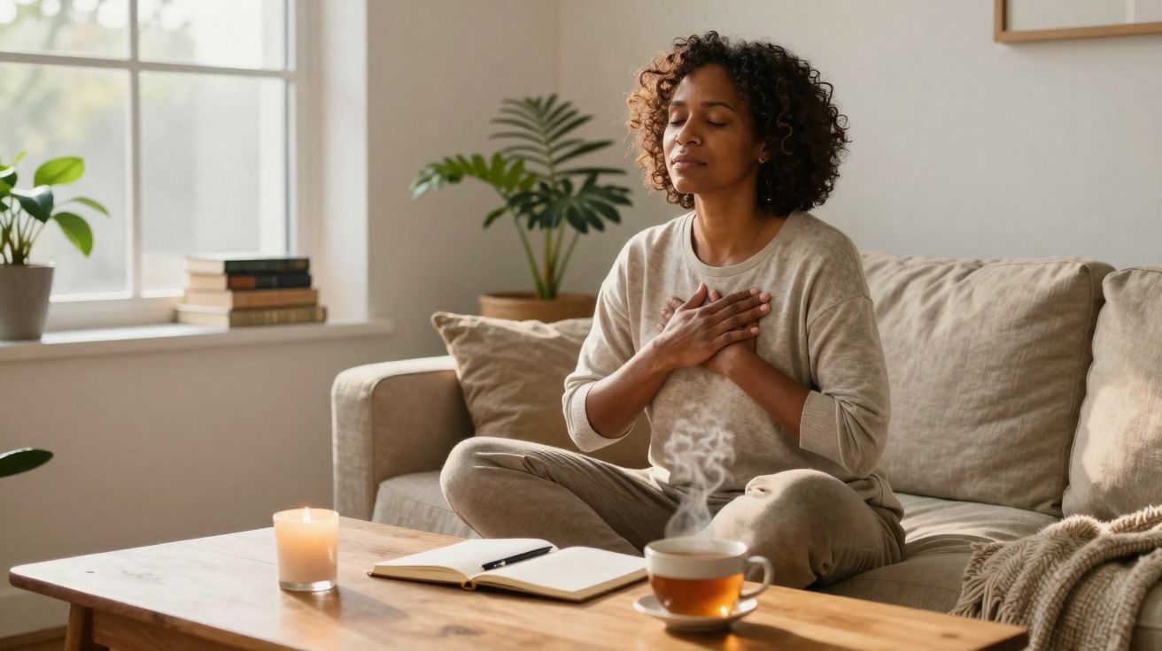 Mulher sentada no sofá com olhos fechados, mãos no peito, a praticar meditação, chá quente e diário à frente.