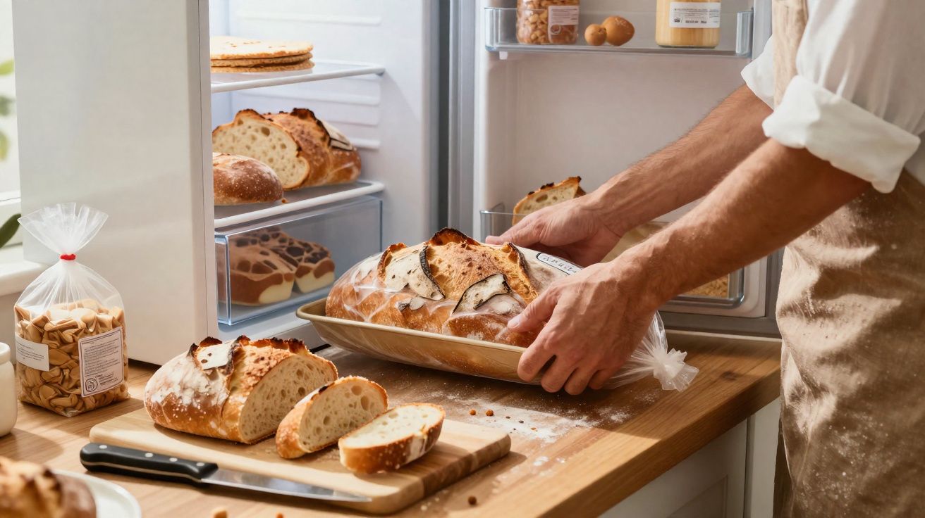 Pessoa a guardar pão caseiro numa embalagem plástica, com mais pão fatiado sobre a bancada de cozinha.