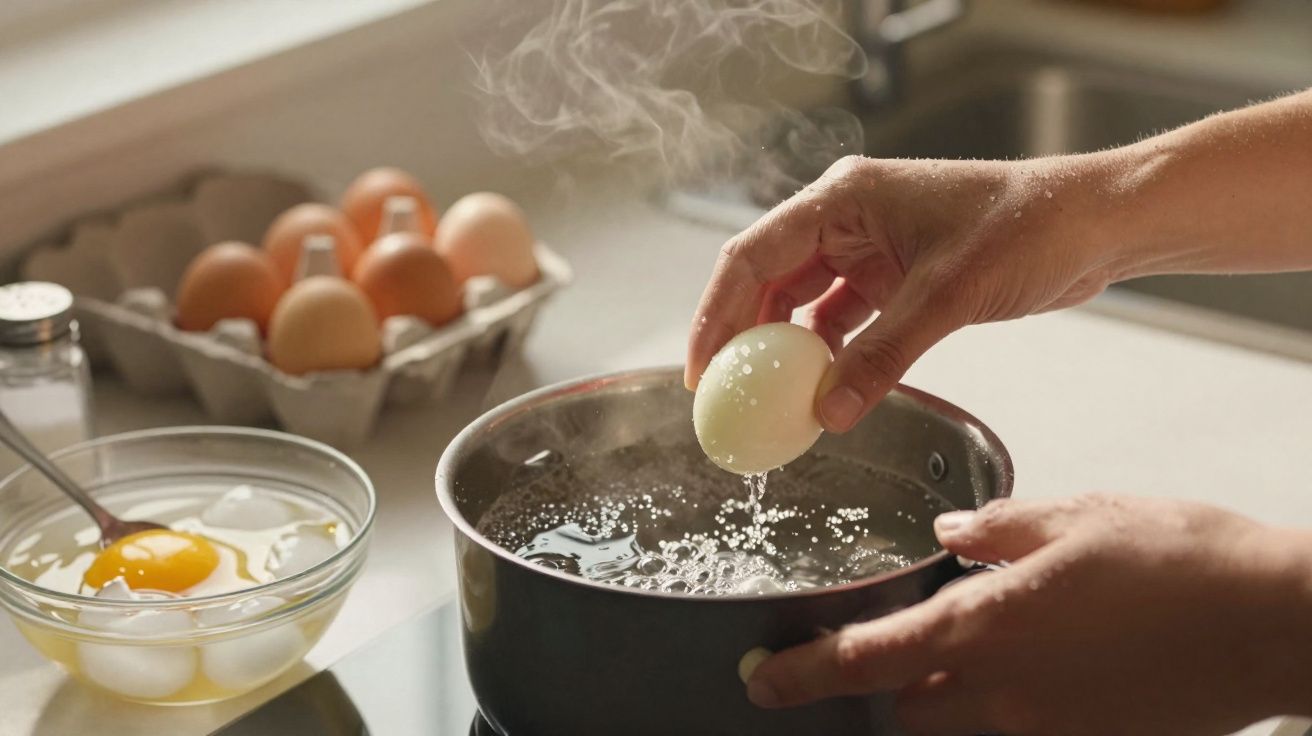 Mãos a retirar ovo cozido de panela com água a ferver, ovos crus e ovos descascados numa taça ao lado.