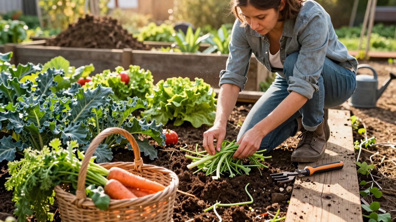 Mulher a recolher legumes numa horta com bastantes plantas e uma cesta com cenouras.