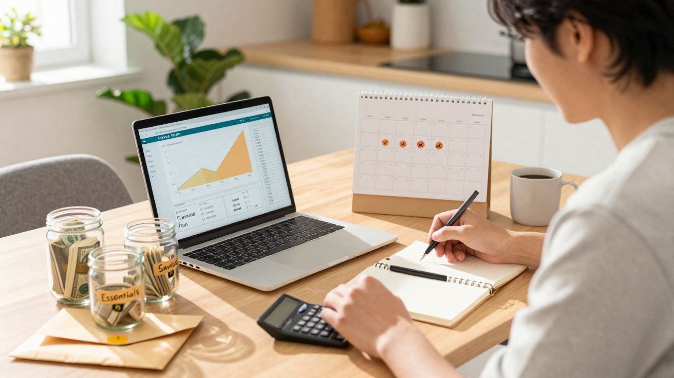 Pessoa a trabalhar finanças pessoais com laptop, calculadora, cadernetas e frascos com dinheiro numa mesa.