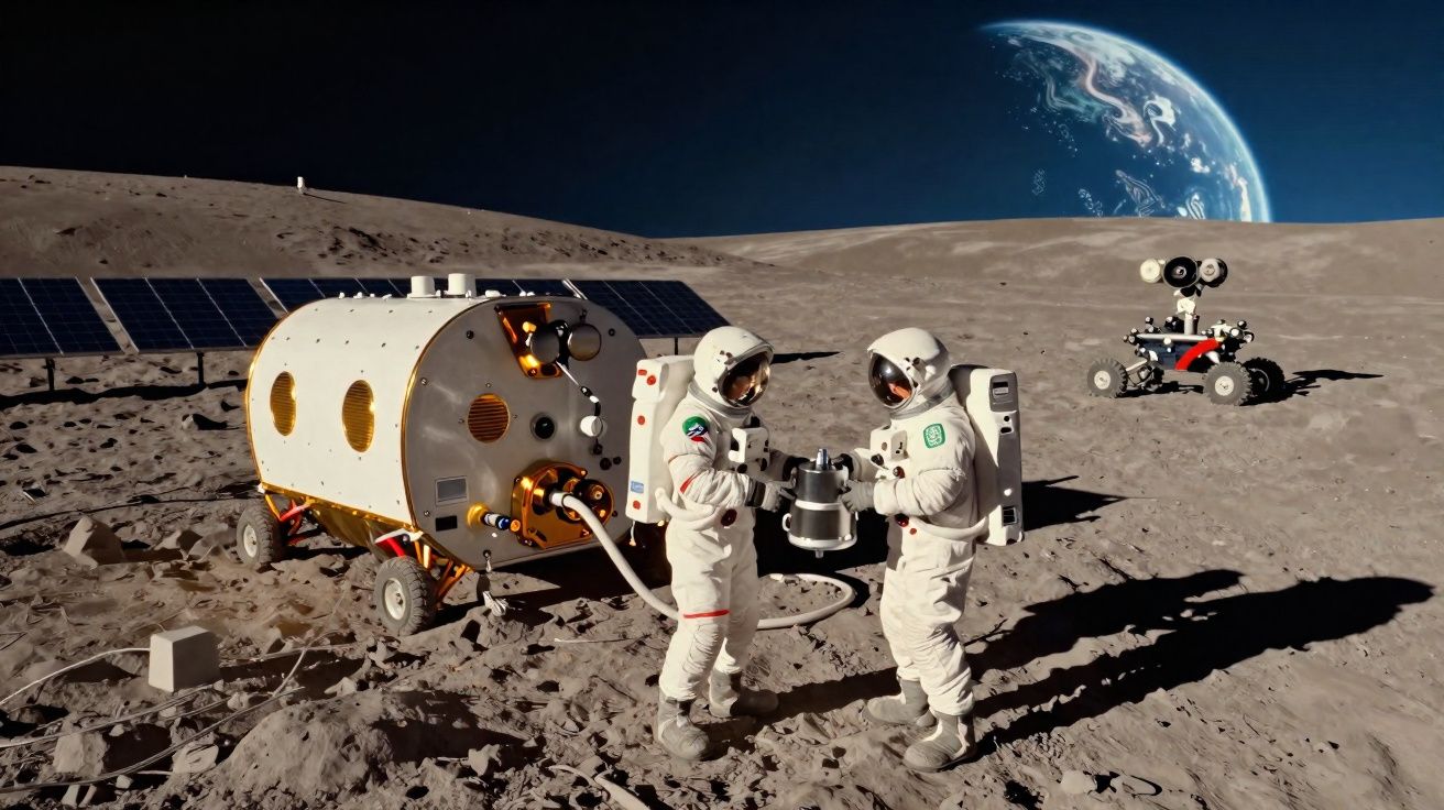 Dois astronautas na superfície lunar trocam equipamento perto de um módulo habitável, com o planeta Terra ao fundo.