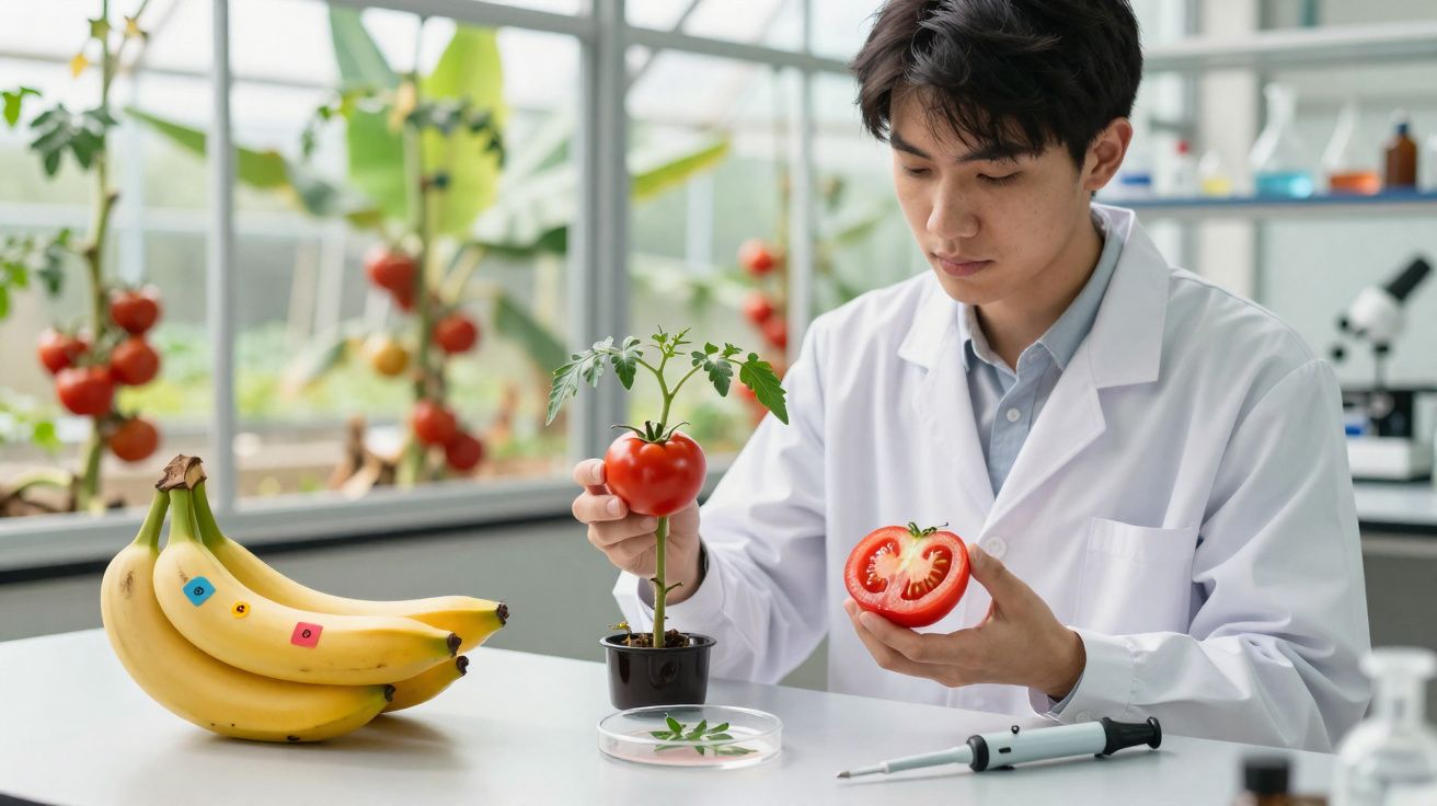 Cientista em laboratório a examinar tomate crescendo numa planta, com bananas e equipamentos científicos na mesa.