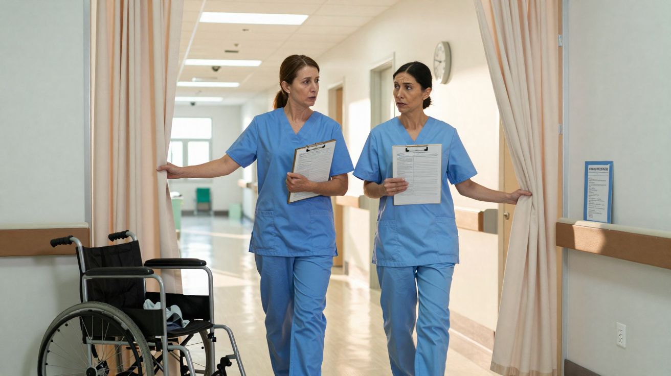 Duas enfermeiras a caminhar num corredor de hospital, segurando pranchetas e abrindo cortinas junto a uma cadeira de rodas.