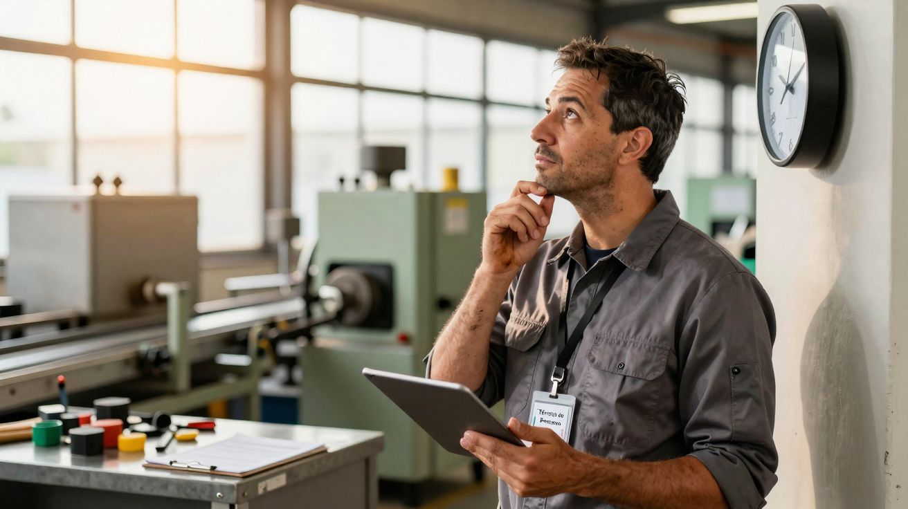 Homem em uniforme cinzento pensa segurando tablet numa fábrica com maquinaria ao fundo e relógio na parede.