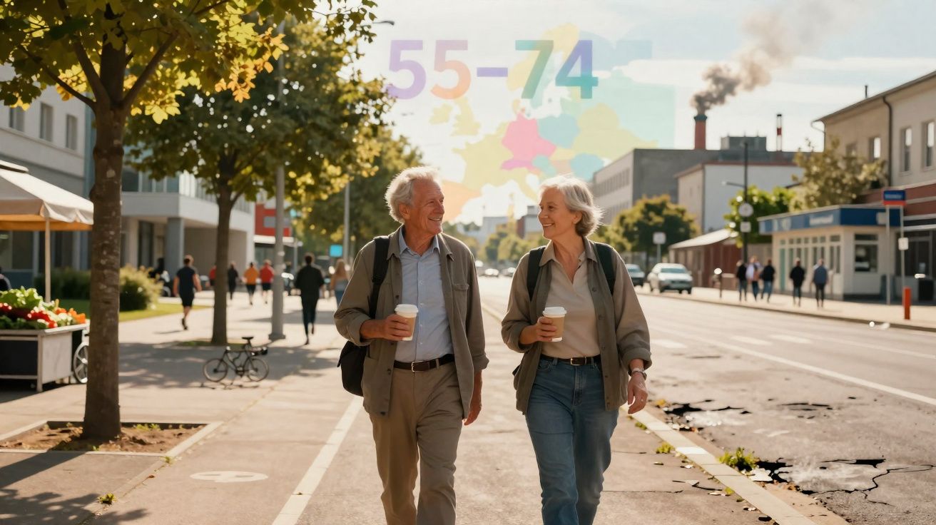 Casal sénior a caminhar na cidade com café na mão, sorrindo e a aproveitar o dia solarengo.