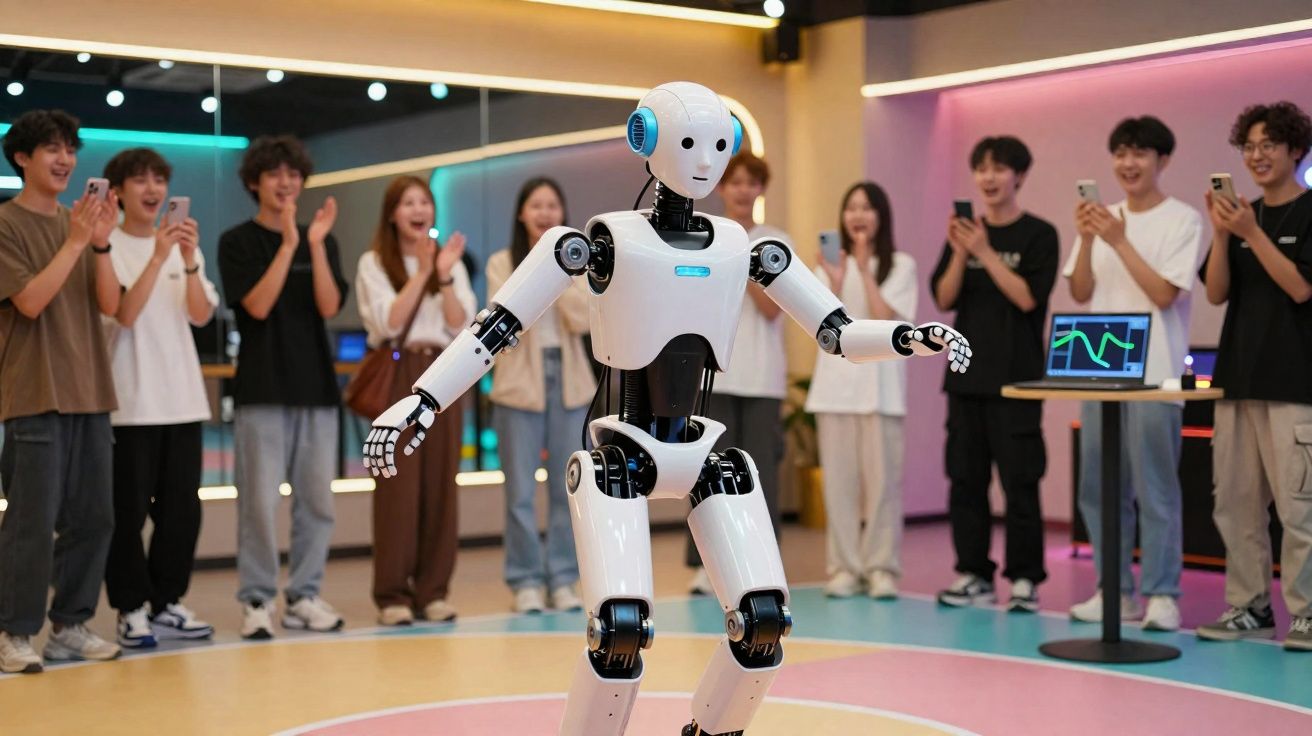 Robô branco a dançar em palco rondado por jovens aplaudindo e a filmar com telemóveis.