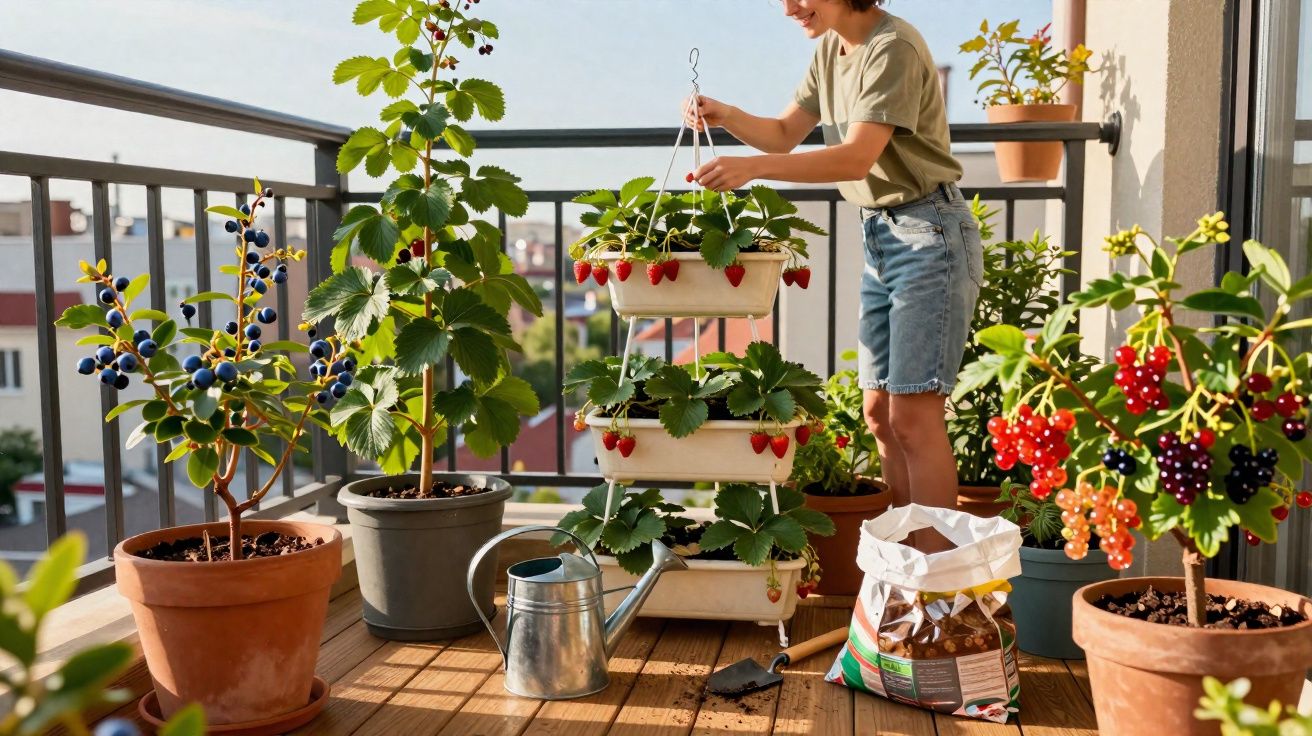 Pessoa a cuidar de plantas em vasos com morangos e frutos coloridos numa varanda ensolarada.