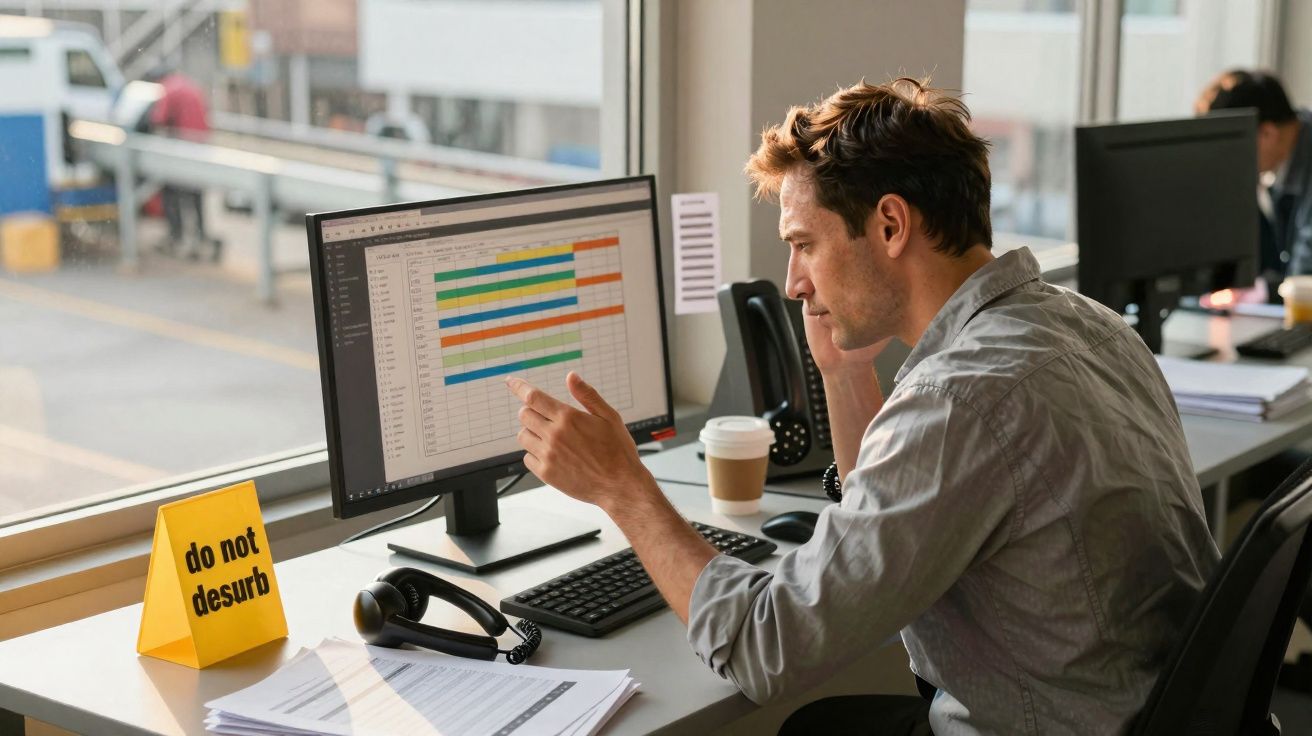 Homem a trabalhar concentrado no computador, com tabela e sinal de "do not disturb" na secretária.