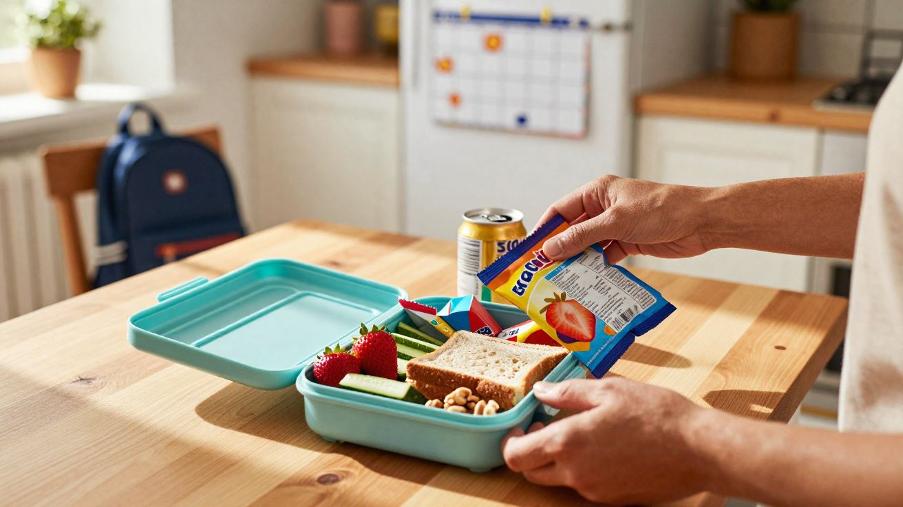 Marmita azul com sanduíche, morangos, pepino, nozes e bebida, mãos a colocar snack na cozinha.