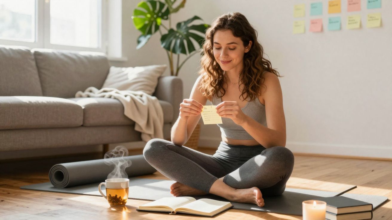 Mulher sentada em tapete, lendo notas e a desfrutar de chá quente num ambiente relaxante em casa.