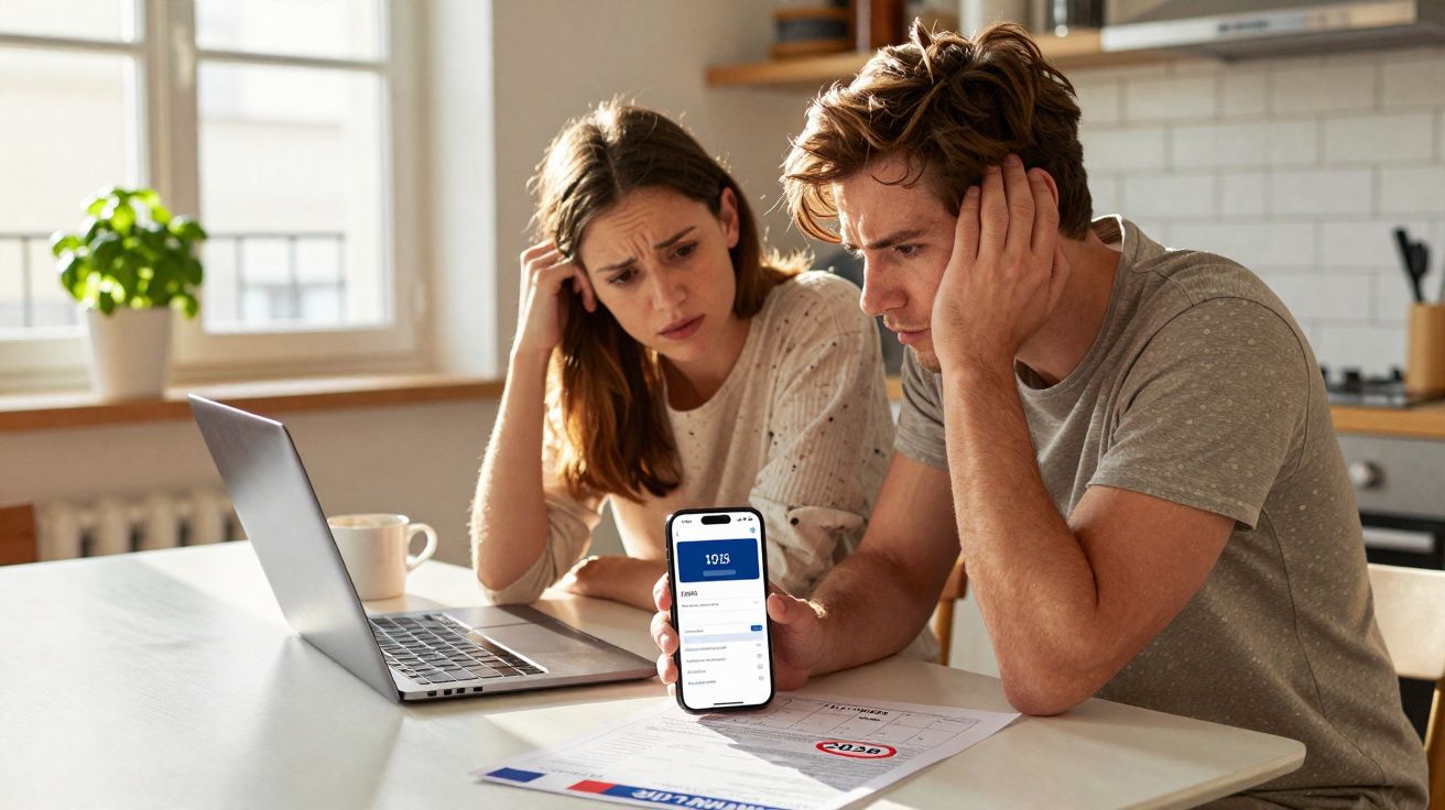 Casal preocupado vê faturas e contas na mesa enquanto o homem mostra valores no telemóvel numa cozinha iluminada.