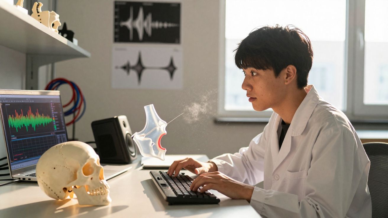 Jovem cientista em bata branca analisa modelo anatómico e gráfico num laboratório iluminado.