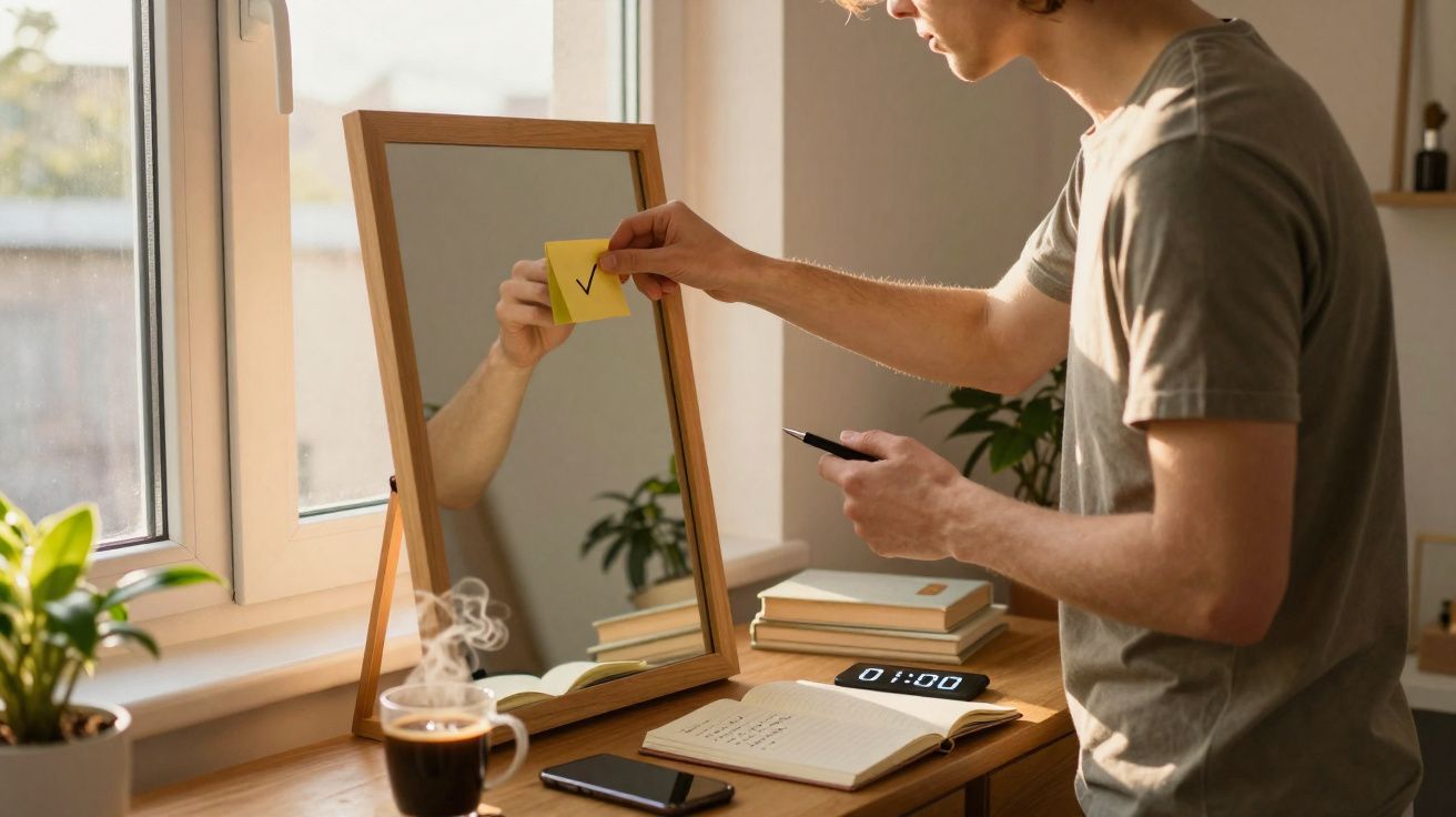 Pessoa a colar nota amarela com visto num espelho, junto a mesa com caderno, relógio e café.