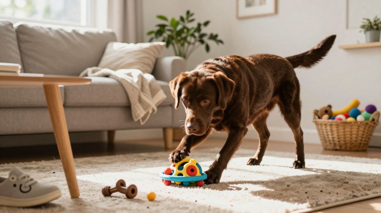 Cão castanho brinca com brinquedo colorido numa sala de estar com sofá, tapete e cesto de brinquedos.