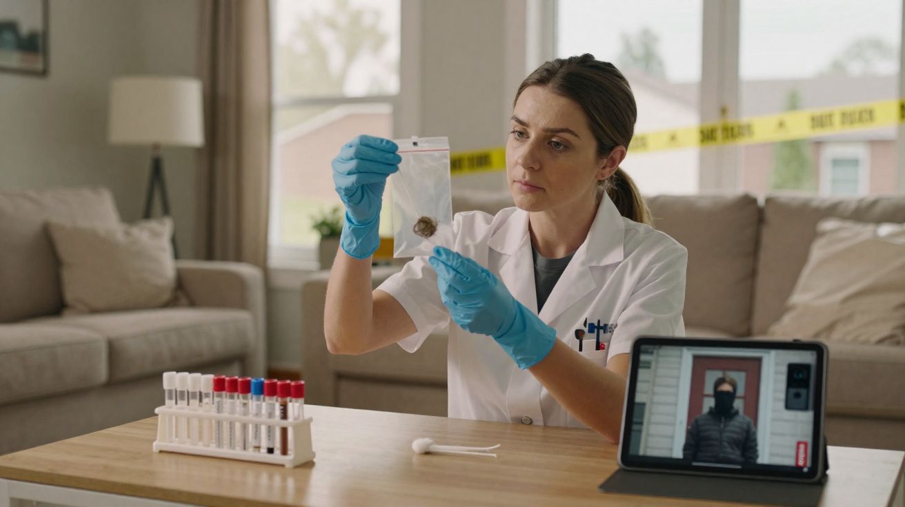 Cientista forense analisa uma amostra num saco plástico em ambiente doméstico com equipamento de laboratório e videoconferênc